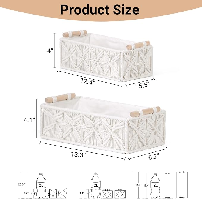 Nonam 2pc Macrame Storage Baskets, Boho Woven Boxes for Home Org, White | Handcrafted macrame storage boxes. Stylish boho decor for shelves, toilet tank & cabinets. Durable, versatile & chic.