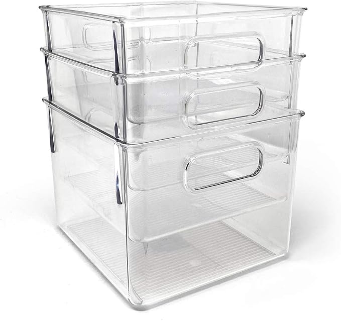 Isaac Jacobs 3-Pack Medium Clear Storage Bins with Handles | Plastic Organizer for Home, Room, Office, Fridge, Kitchen/Pantry Non-Slip Container Set, Food Safe, BPA Free (3-Pack, Medium)