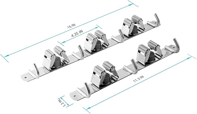 2 Pcs Mop Broom Holder Wall Mounted, Dustpan Holders, Stainless Steel Mop Hangers Organizer, Broom Rack, Utility Hook for Hanging Brooms and Mops(3 Racks 4 Hooks and 2 Racks 3 Hooks)