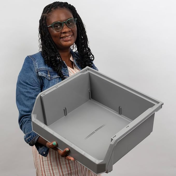 Extra Large Stackable Plastic Storage Bins, 4-Pack, Grey | Open-Front Stackable Bins For Garage, Pantry, Closet & Office, 14,8"L X 16,5"W X 7"H, Nests When Empty, Durable Plastic,