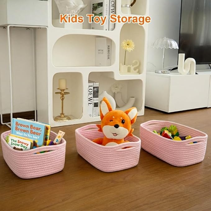 3Pack Small Woven Storage Baskets for Shelves Organizing | Cotton Rope Closet Organizer Bins, Basket for Gifts Empty, Nursery, Living room, Dog Toy Basket 13.2x8.2x5.2 in, Pink