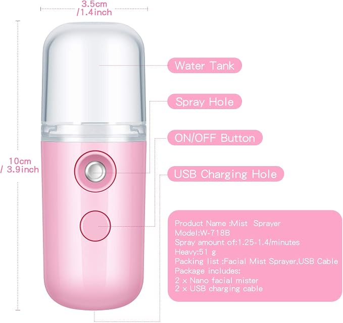Honoson 2 Pack Nano Facial Mister for Lashes Sprayer,Pink | USB Rechargeable Handheld Humidifier with Eyelash Extensions, 1 Oz Portable Sprayer Ideal for Makeup Skin Hydration