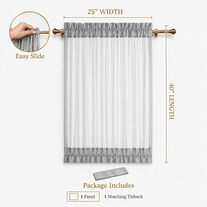 Aquazolax Grey Sheer Curtains for Door - 40 Inch Long Sidelight French Half Door Window Voile Curtain, Airy Porch Decoration Privacy Panels - Single Panel with Tieback, 25" Wide x 40" Length