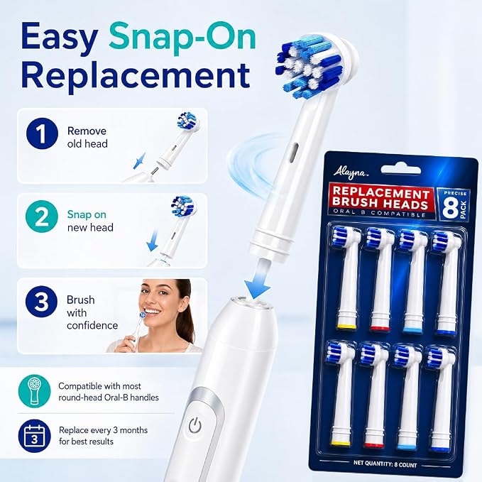 Alayna Toothbrush Heads Compatible with Oral-B, Precision Style, 8 Pack | Replacement Brush Head Refills Compatible with Braun Oral-B Pro 1000, 3000, 5000, 7000, 8000, 9600 and Most Click-On Handles