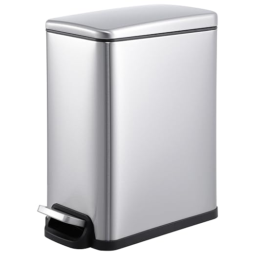 Slim Narrow Kitchen Trash Can with Lid, 10L Stainless Steel Step Pedal Garbage Can, Soft Close & Stay Open Lid Design, Space Saving Trash Bin with Removable Inner Bucket for Kitchen, Bathroom,Sliver
