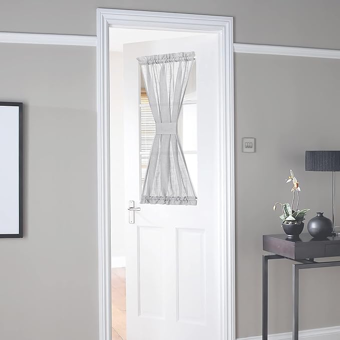 NICETOWN Light Grey Sheer French Door Curtain for Kitchen Half Window | Light Filtering, Rod Pocket, Linen French Door Semi Sheer Curtain(30 x 40 inches Length, Single Panel with Tieback Included)