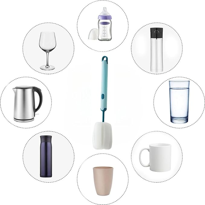 Bottle Brush Long Handle Cup Cleaner Brush Sponge Bottle Scrubber Detachable Handle Portable Sponge Cleaning Brush for Cups Wine Glasses Water Bottles Baby Bottles and Vacuum Flasks (Blue)