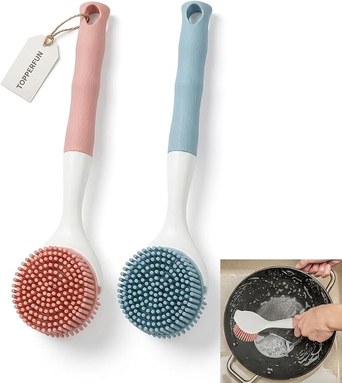 2 PCS Silicone Dishwashing Brush, Non-Stick Pot Scrubber with Long Handle, Durable Scrub Brushes for Cleaning Dishes, Cast Iron Pans, Sinks and Kitchen Cookware, Heat Resistant Cleaning Tool