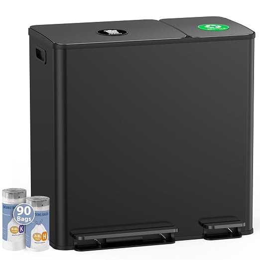 Dual Trash and Recycling Bins for Kitchen, 13+6 Gal Dual Trash Can, Black | 90 Trash Bags, Stainless Steel Garbage and Recycle Bin Combo for Large Families,Soft Close Lid & 2 Magnetic Stickers
