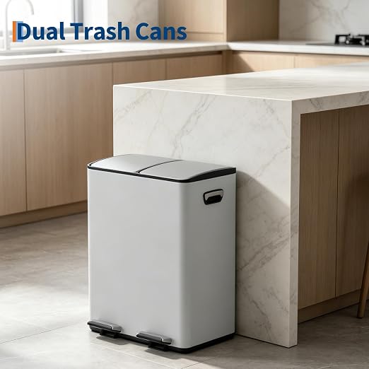 5gal Stainless Steel Double Trash Can with Lid for Kitchen, Large Dual Trash and Recycle Bin Combo, Step-on Kitchen Metal Garbage Cans, PP Inner Buckets, Liner Rim, White