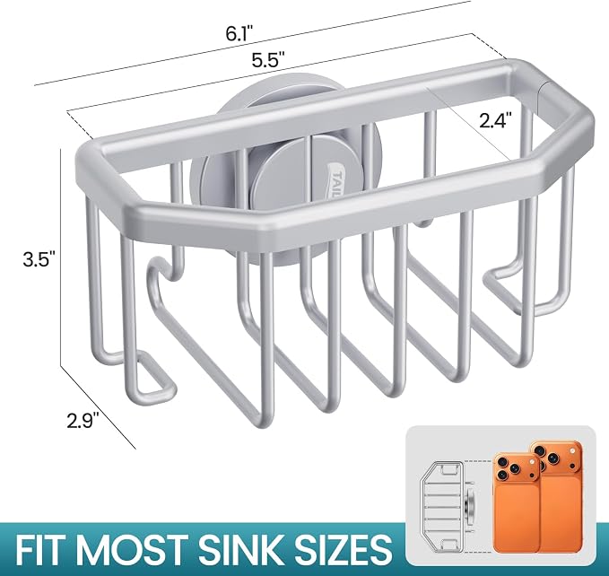TAILI Sponge Holder for Kitchen Sink with Suction Cup-Silver, Aluminum | Rustproof Aluminum Sink Caddy for Sponges,Brushes,Stoppers & Scrapers,Removable Ventilated Quick-dry Design, holds Up 11lbs