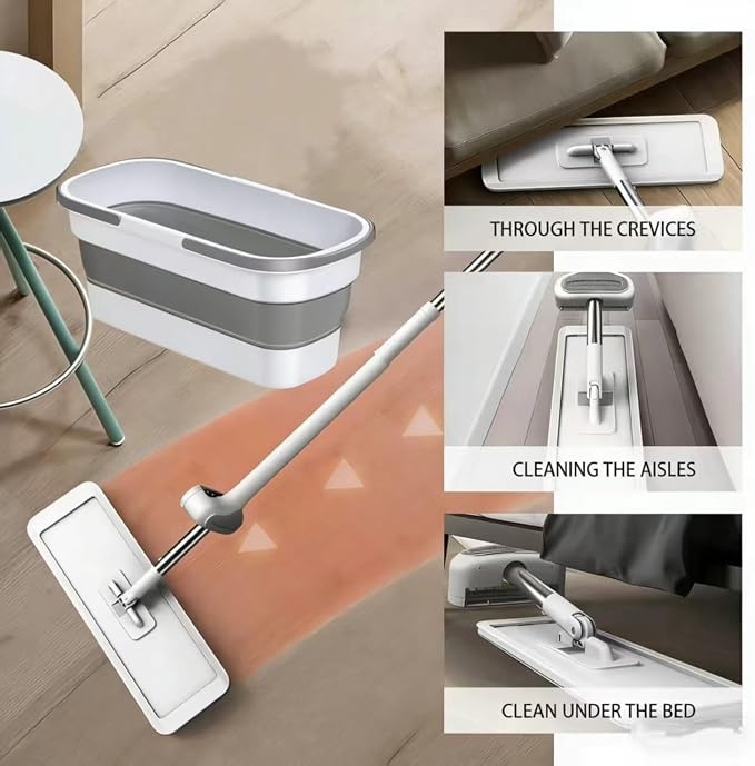 Large Flat Mop and Scalable Bucket with Wheels | 360 Rotating Microfiber Dust Mop, Dewatering Scraper, 54" Adjustable Stainless Steel, 1 Mop 6 Microfiber Pads 1 Bucket