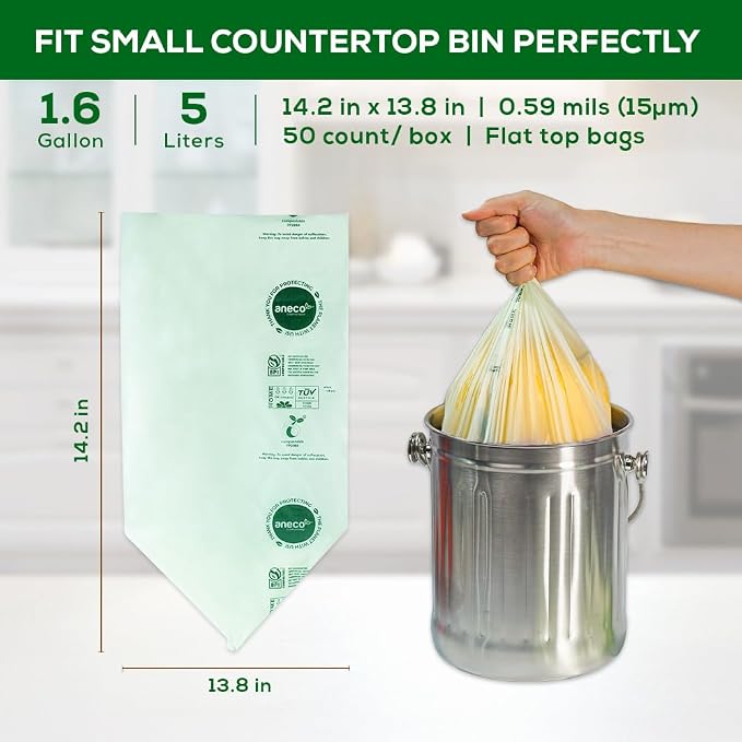 ANECO 100% Home Compostable Food Waste Bags, 1.6 Gallon, 50 Count | Small Kitchen Compost Bags for Countertop Bin, Certified by BPI (ASTM D6400), TUV Austria & OK Compost Home