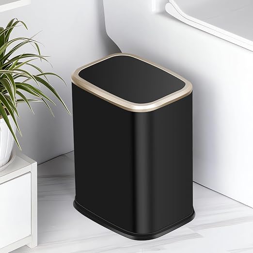 2 Gallon Small Office Bathroom Trash Can with Swing Lid,Living Room Bedroom Garbage can Wastebasket bin,Inner Bucket, Metal Decor Trash Can (Black Gold)