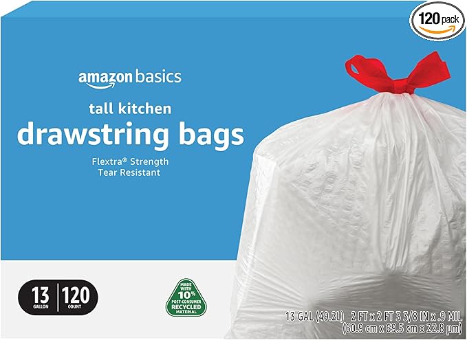 Amazon Basics 13 Gallon Tall Kitchen Drawstring Trash Bags, Flextra Strength, Tear Resistant, 10% Post Consumer Recycled, 120 Count
