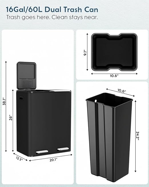 Arlopu 16Gal Dual Trash Can w/2 Built-in Box for Odor Control | Hands-Free Kitchen Garbage Bin, Recycle Waste Dustbin, Soft-Close Lid, 2 Buckets, Foot Pedal, Side Handle, for Home (Black)