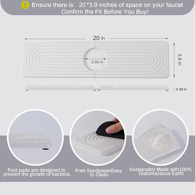 Diatomite Kitchen Faucet Mat 20in Water Absorbing Stone Tray for Sink | Sink Splash Guard Water Absorbing Stone Tray for Sink, Counter Protector Matt for Kitchen & Bathroom