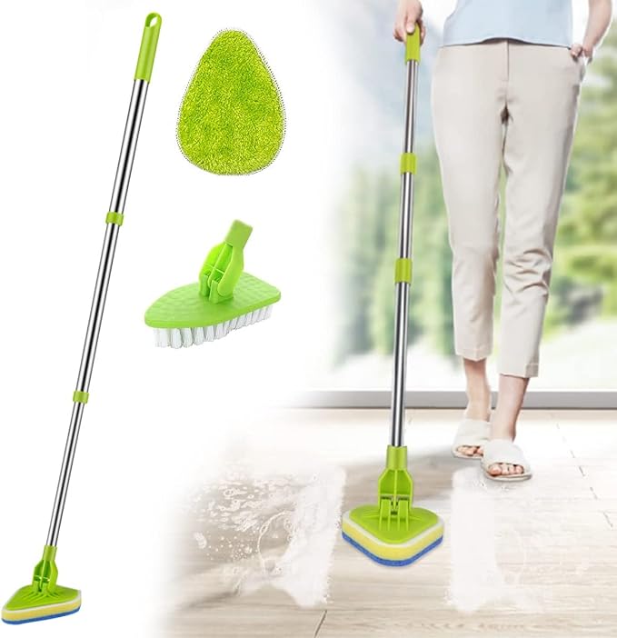 Shower Cleaning Brush with Long Handle, 3 in 1 Tub Tile Scrubber Brush, Adjustable Extendable Multifunctional 180° Rotatable Triangle Cleaning Mop for Cleaning Bathroom Bathtub Floor