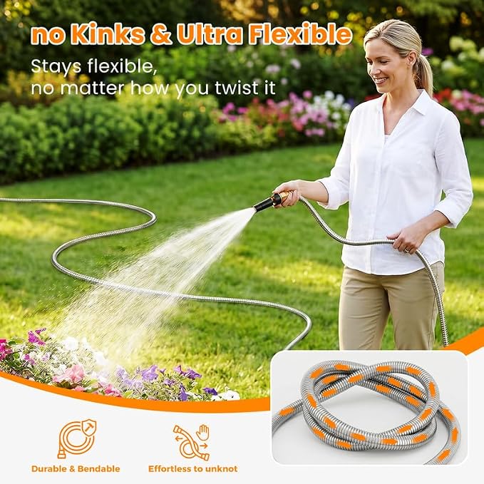 Rosy Earth Metal Garden Hose 150 FT - 304 Stainless Steel Water Hose 150 FT - Expandable Short Flexible Garden Hose,no Kink Explosion, no Bite