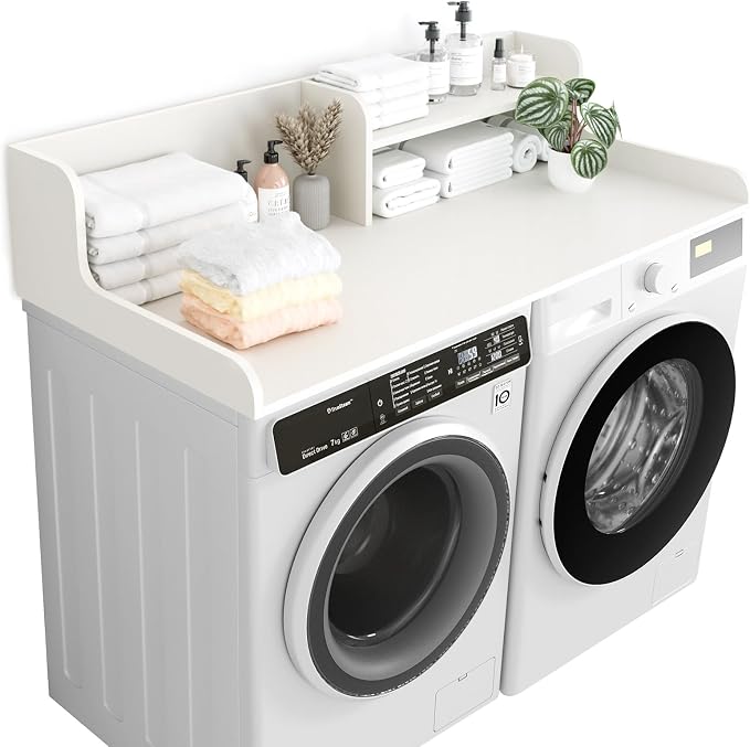 Washer Dryer Countertop 2 Tier 54 inches Wide, Laundry Shelf Topper with Edge, 54" W x 28" D x 12" H Laundry Space Organizer, White