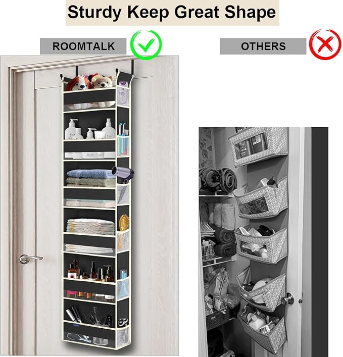 Over The Door Hanging Organizer 6-Shelves and 12 Side Pockets, Over The Door Storage Organizer, Back of Door Organizers for Baby Accessories and Children's Toys (13"x5"x54", Black)