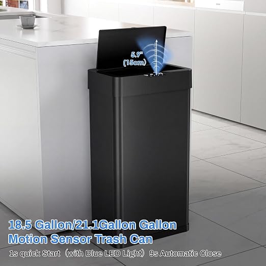 Sensor Trash Can, Touchless Motion Sensor Trash Bin | Smart Automatic Garbage Can with Soft-Close Lid, Bag Retainer Ring and Display Light, for Kitchen, Office (Black, 18.5 Gal)