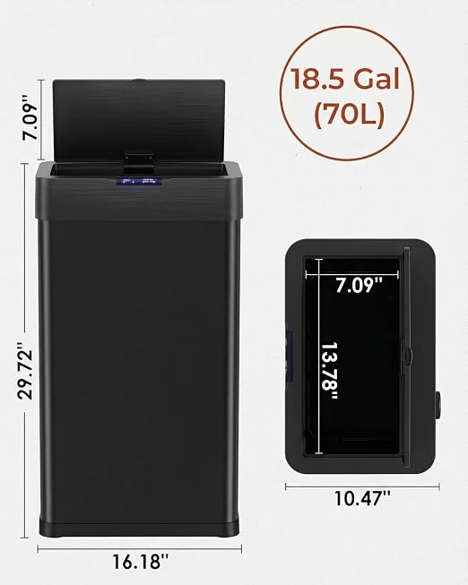 TLSUNNY 18.5 Gallon Motion Sensor Trash Can,Touchless Automatic Garbage Can | Brushed Stainless Steel Smart Bin ,with Bag Holder,Soft Close Lid,for Kitchen,Office,RV,Bedroom,Living Room (Black, 70L)