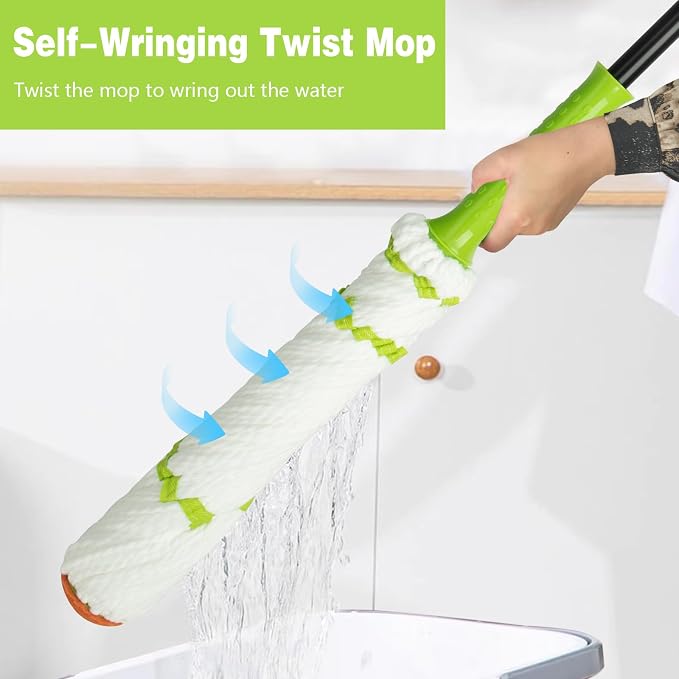 Self-Wringing Twist Mop,57" Long Handle, House Accessories,Green | Microfiber Floor Mop, Wet Mopping,House Accessories for Home,for Tile,Hardwood,Kitchen,Bathroom,Patio,Garage,Household Clean