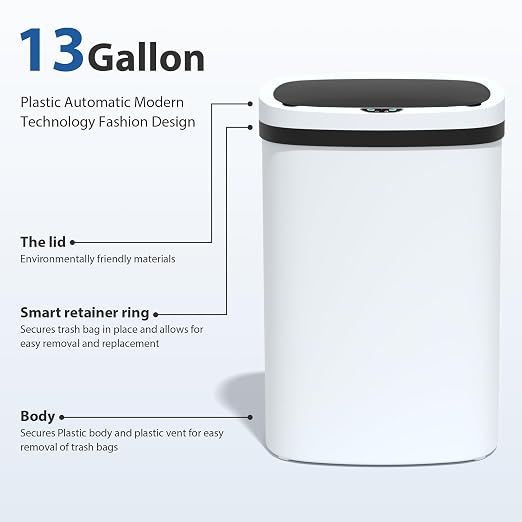 13 Gallon/50 L Kitchen Trash Can with Lid, Garbage Can with Touch-Free Lid, Cute Automatic Trash Can Bathroom Trash Bin, Motion Sensor Waterproof Trash Bin