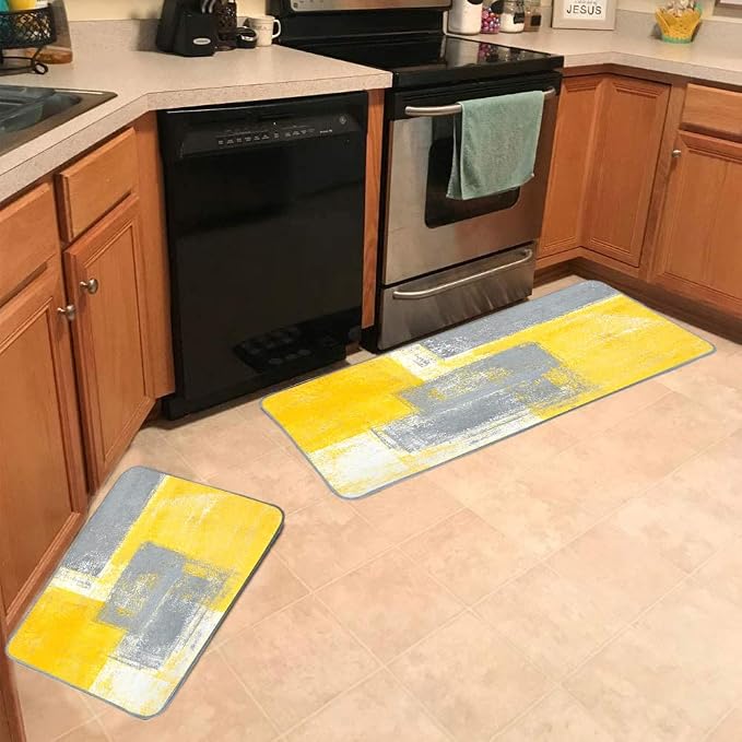 TOMWISH Grey and Yellow Kitchen Mat Non Skid Washable Kitchen Rug | Yellow Abstract Art Painting Kitchen Sink Rug 2 Piece Floor Mats for Home Kitchen 18"X48"+18"X30" Decor and Accessories