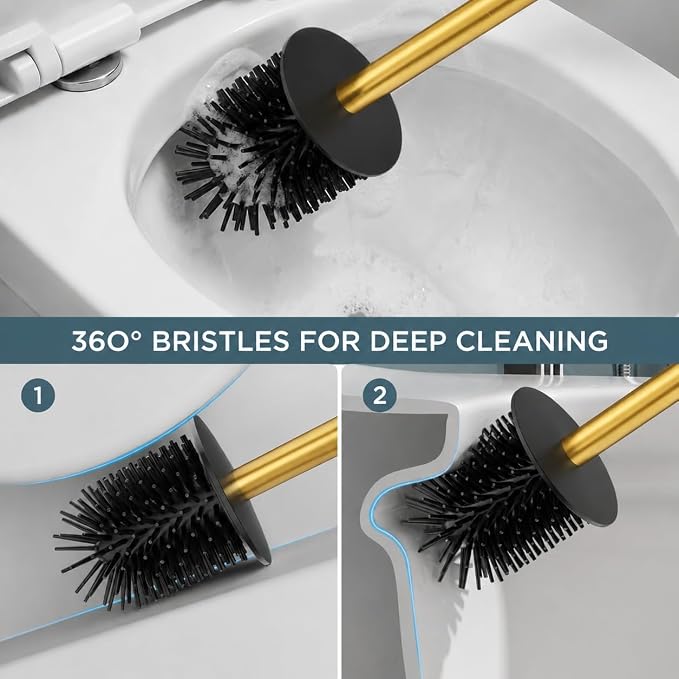 FORIOUS Stainless Steel Toilet Bowl Brush Scrubber and Holder Set Short | Gold, Extended Handle, Removable Inner Bowl, Stable Splash Guard, Steel Joint, Scratch‑Resistant Bristles, for Bathroom RV