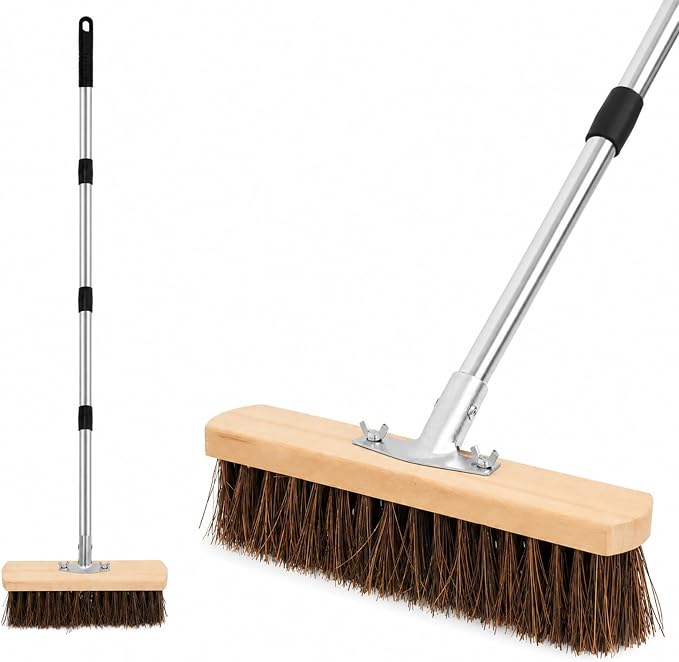 Heavy Duty Deck Brush with Long Handle, 54" Adjustable Stainless Steel Handle, Stiff Natural Palmyra Bristles, Outdoor Scrub Brush for Concrete Patio Garage Tile Floor Sidewalk Cleaning