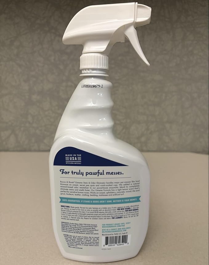 Rocco & Roxie Extreme Enzyme Stain & Odor Eliminator Spray | Bio-enzymatic + mineral formula; Meyer lemon scent; for carpets, bedding, litter boxes, crates, cars & laundry; made in USA