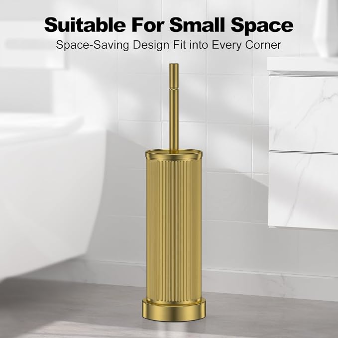 Metal Vertical Grain Toilet Bowl Brush and Holder Set Scrubber Warm Gold | Extra Long Handle with Splash Guard Cover, Bathroom Space-Saving, Heavy Durable Deep Cleaning, Cleaner Sets for Apartments
