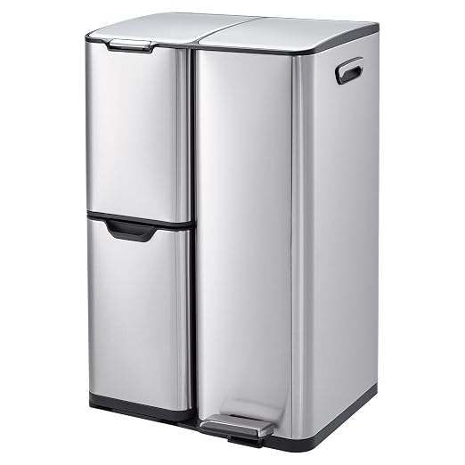 TrailBlaze Triple Compartment Stainless Steel Trash & Recycling Bin Combo – 16 Gallon, Removable Inner Buckets, Collapsible Foot Pedal – Step-On Garbage Can for Kitchen, Home, Office