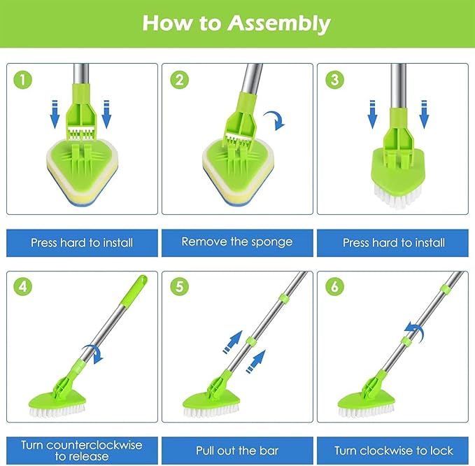 Shower Cleaning Brush with Long Handle, 3 in 1 Tub Tile Scrubber Brush, Adjustable Extendable Multifunctional 180° Rotatable Triangle Cleaning Mop for Cleaning Bathroom Bathtub Floor