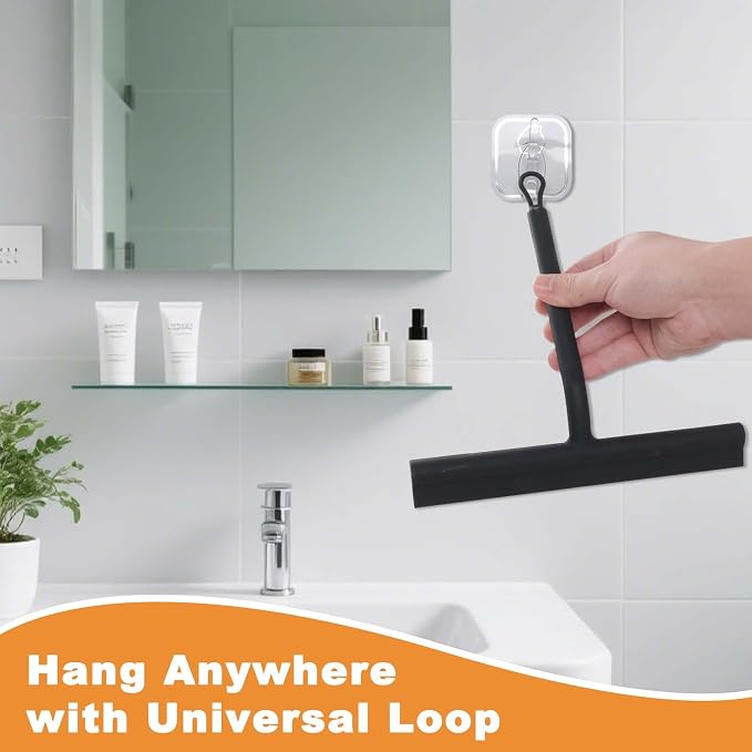 Squeegee for Shower Glass Doors, Resilient Loop - No-Drill & Adhesive Hook, Silicone Shower Squeegee with Stainless Steel Core, Cleaning Tool for Home, Kitchen, Bathroom & Car - Black
