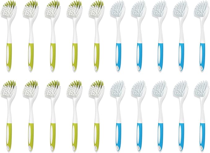 Dish Brush with Long Handle for Kitchen Sink Pot Pan Cleaning, 20 Bulk Pack | Plastic Dish Scrubber, Blue Soft Bristles Dishwashing Brush, Yellow Stiff Scrub Brush for Dishes