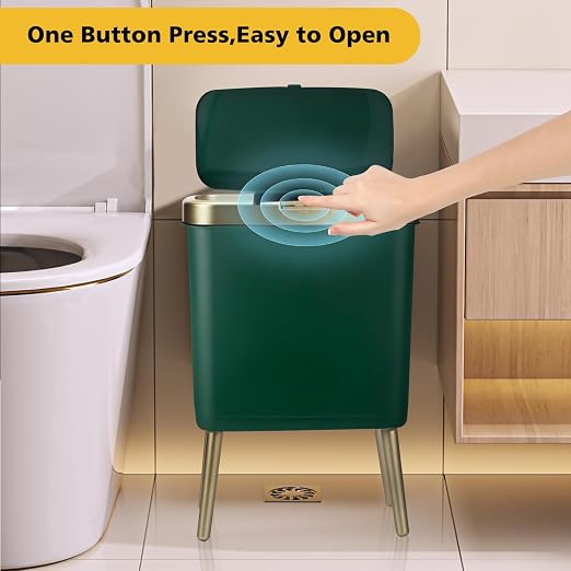 Office Trash Can with Lid, Bathroom Garbage can,4 Gallon Small Kitchen Trash Can with Gold Edge,Modern Green Trash Bin Waste Basket for Bedroom,Living Room, Toilet
