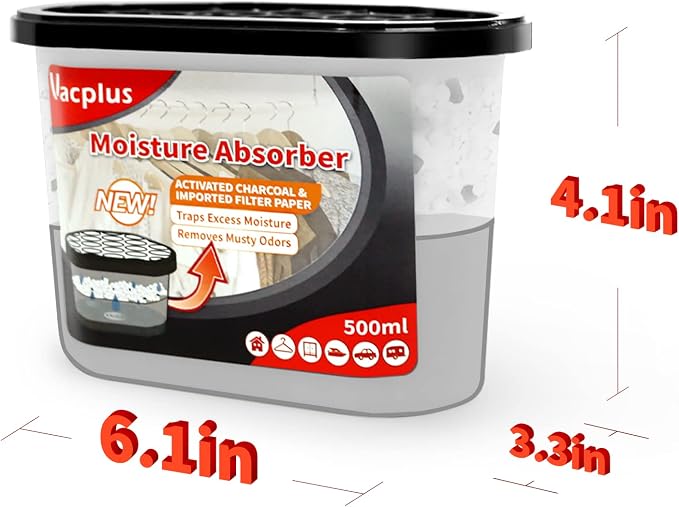 Vacplus Moisture Absorber, 10.5 OZ, Strong Absorption, Charcoal | Closet, Bathroom, Car, Odor Eliminator, Dehumidifier Bucket, 6 Pack