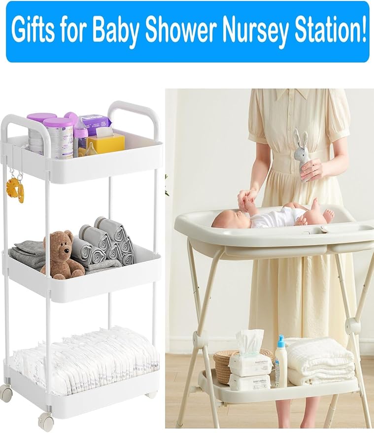 Volnamal Diaper Caddy Cart, 3-Tier Plastic Rolling Cart with Handle, White | Multi-Functional Diaper Organizer for Wipes & Diapers, Newborn Essentials Must Haves, Easy to Assemble, Baby Registry Search