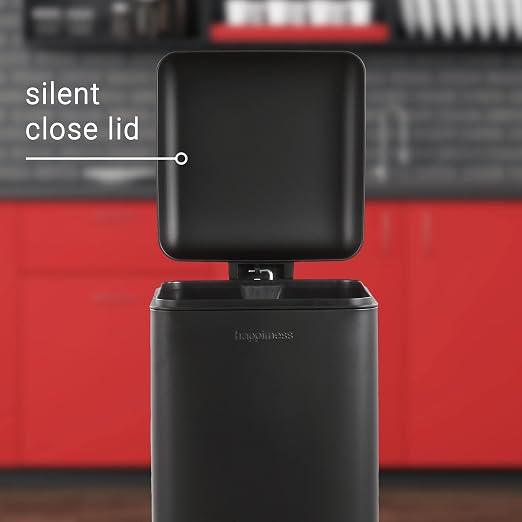 happimess Betty 8 Gal Step Trash Can Soft-Close Lid, Charcoal Black | Fingerprint Resistant, Removable Liner, Semi-Rectangular, Steel Pedal, Iron Powder Coated, 27" Height, Non-Skid Base