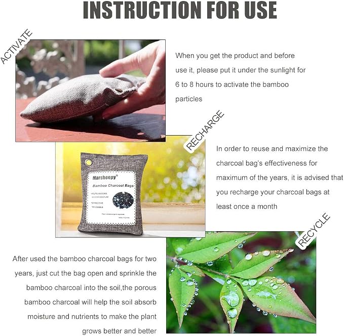 Marsheepy 12 Pack Bamboo Charcoal Shoe Deodorizer Bags, Activated Charcoal Odor Absorber, Bamboo Charcoal Air Purifying Bags, Odor Eliminator for Shoes, Pets, Car, Closet (150g X 2 and 50g x 10)
