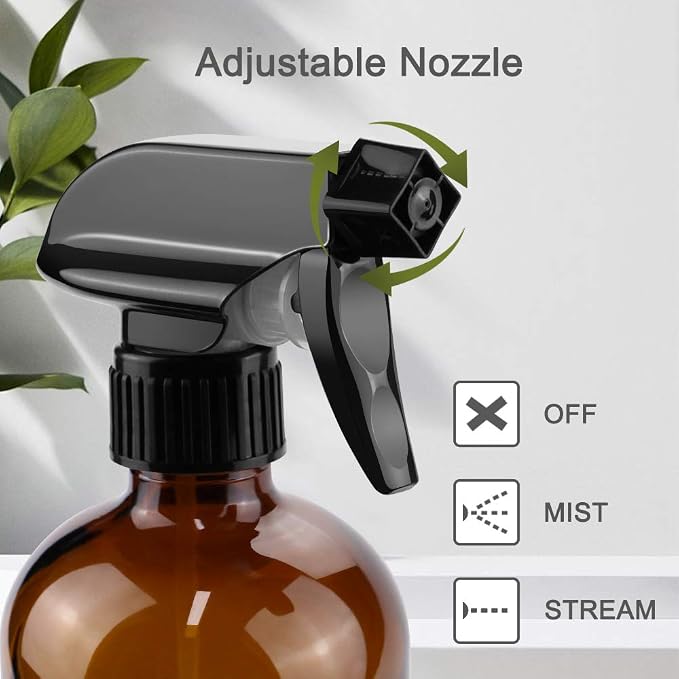 Glass Spray Bottles - 2 Pack 16 oz Refillable Clear Spray Bottles for Hair | Amber Glass, Adjustable Nozzle, Refillable Container, Leak-proof, Spray Bottles for Hair, Cleaning Solutions, Plants, 2 Pack