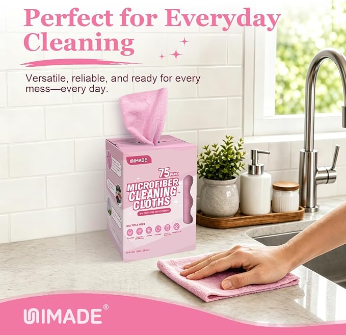 Microfiber Cleaning Cloth, 75 Sheets Microfiber Towels for Cars | Commercial Grade Washcloths Lint-Free Bulk Shop Towel Cleaning Rags for Household Restaurant Garage, 11"x 9", Pink