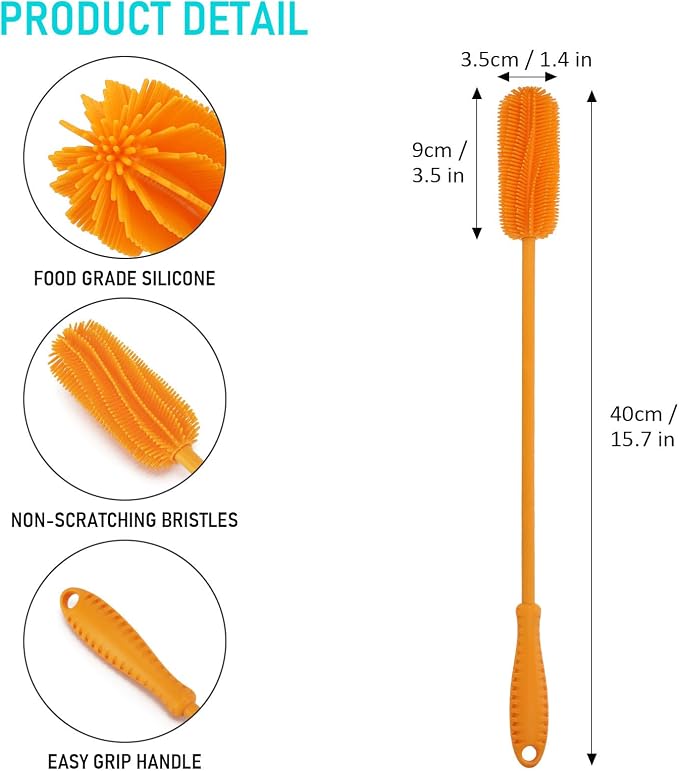 Silicone Bottle Brush, 15.7" Water Bottle Cleaner Brush, Orange | Water Bottle Cleaner for Baby Bottles, Hydro Flask, Sports Bottle, Vase, Glassware, for Smaller Diameter Bottle Openings