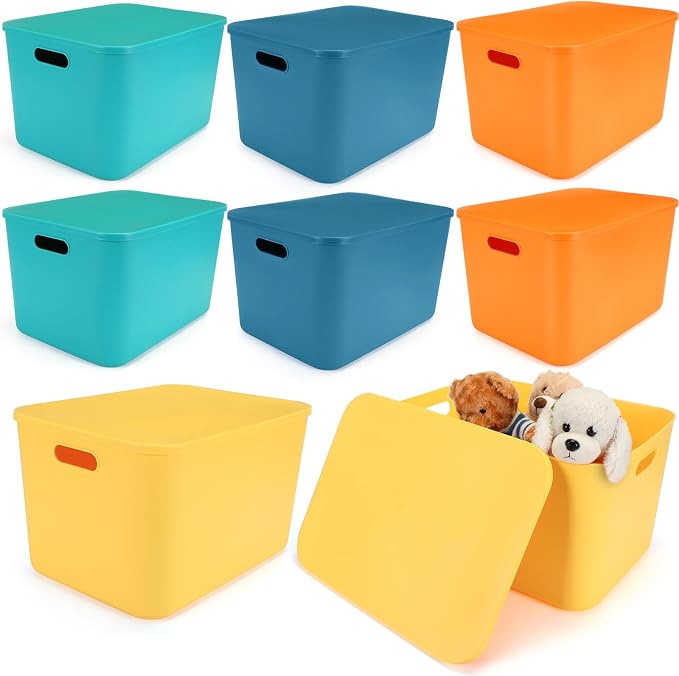 Hoolerry 8 Pack Storage Bins, 16.1 X 12.0 X 9.7 Inch Multi-colored | Plastic Stackable Containers with Lid Handle, For Shelves Desktop Playroom Office, Organizing Toys Books Supplies Storage