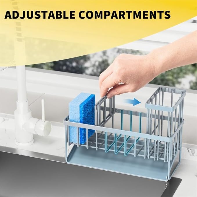 Cisily Sink Caddy Organzier with High Brush Holder, Sponge Holder for Sink, 304 Rustproof Stainless, Kitchen Countertop Soap Dispenser Organizer, Gray Blue Kitchen Decor and Accessories