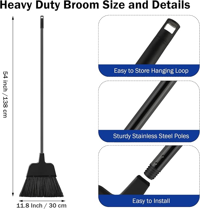 8 Pcs Outdoor Broom for Floor Cleaning 54 Inch Commercial Heavy Duty Broom Long Handle Kitchen Household Angle Brooms for Sweeper Sweeping Indoor Dust Hair Cleaner Corn Shop(Black)