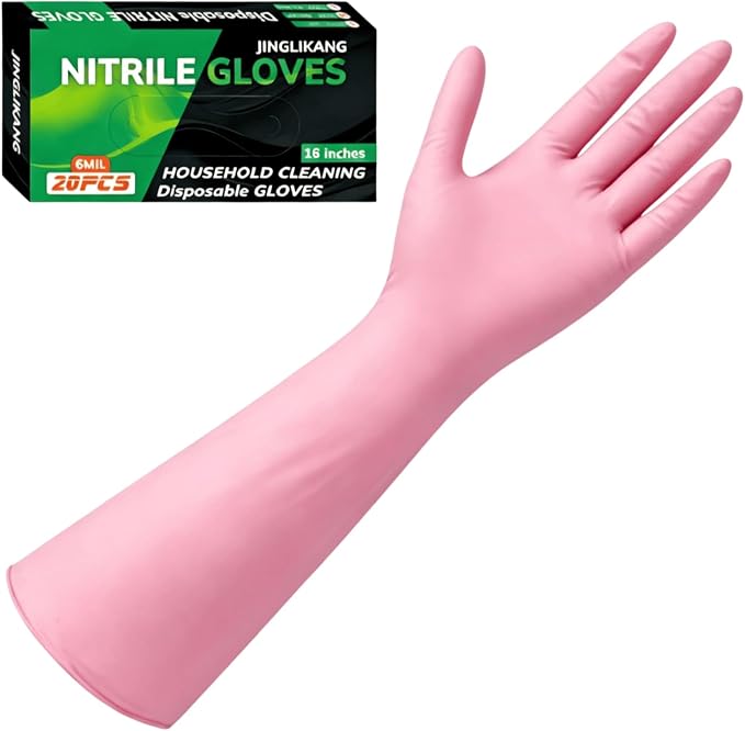 16inch Nitrile Disposable Gloves Long Sleeved Blue 6Mil 50PCS | Durable Anti slip Waterproof Powder Free Household Cleaning Dishwashing Auto repair Pet care Protective Gloves